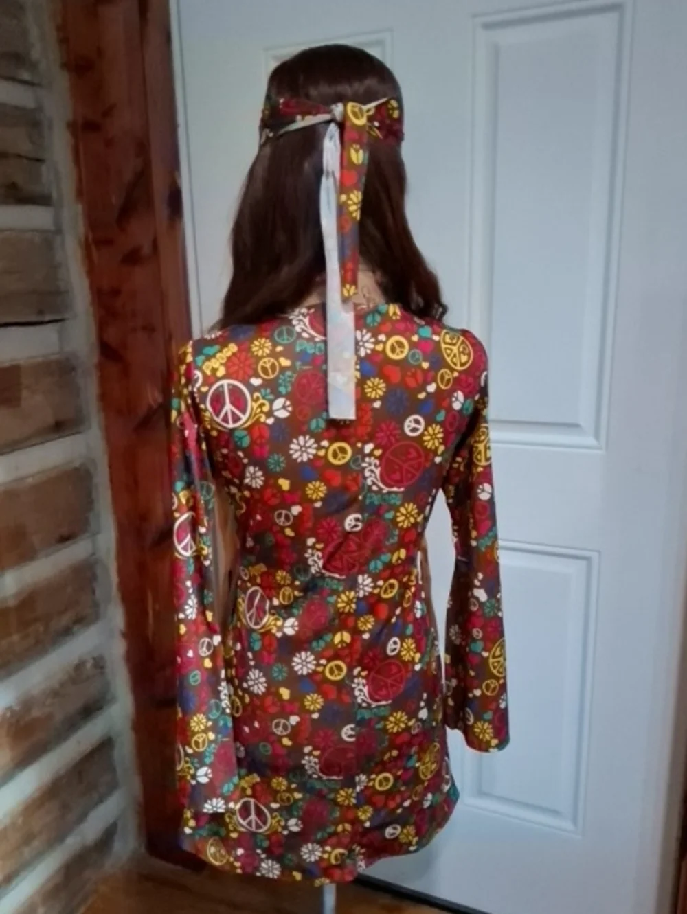 Retro Peace Sign Print Mini Dress with Fringe Vest - Multicolor